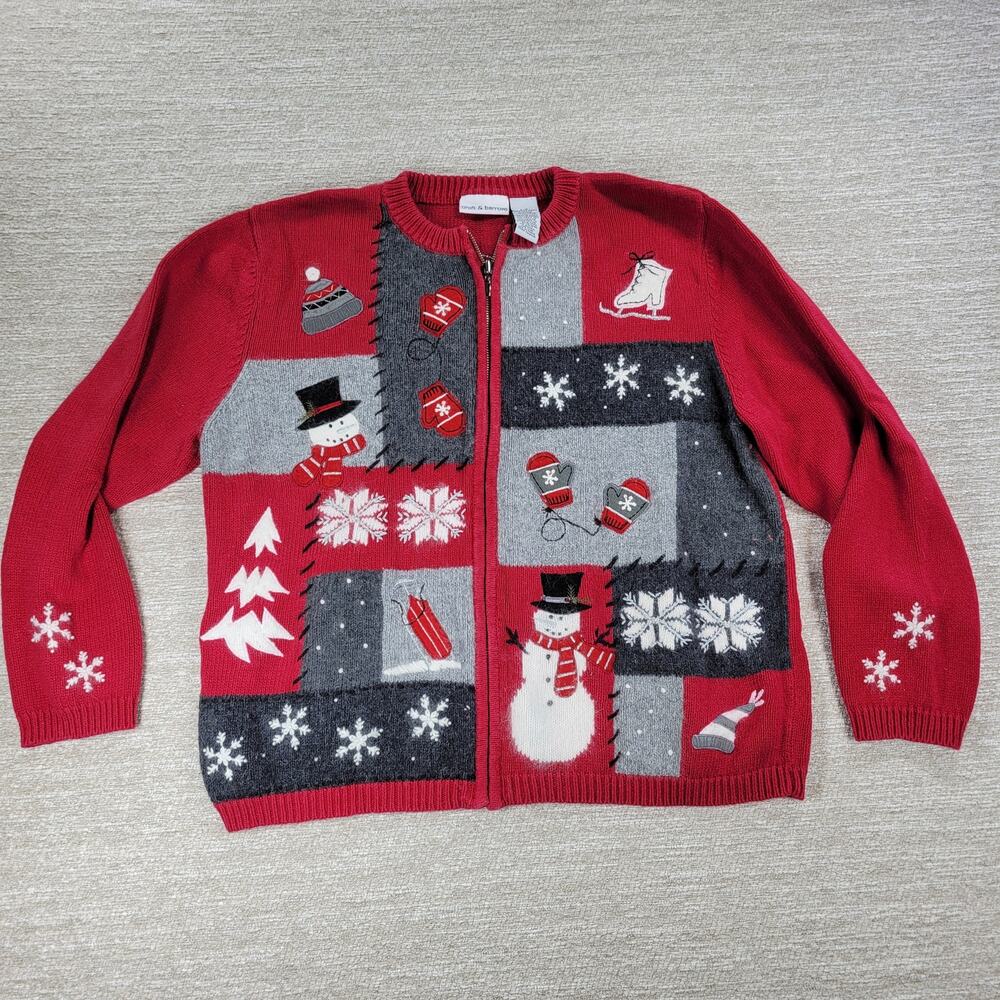 Croft & Barrow Snowman Holiday Sweater Womens L Red Ramie Zip Up Holiday Winter